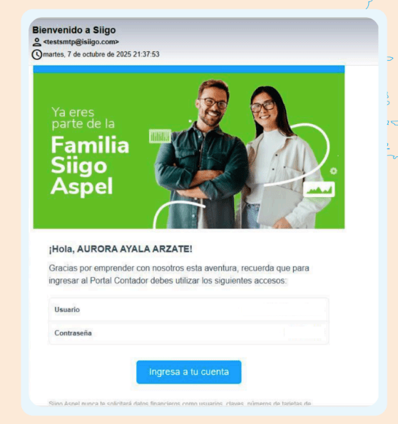 Correo de bienvenida con botón Ingresa a tu cuenta