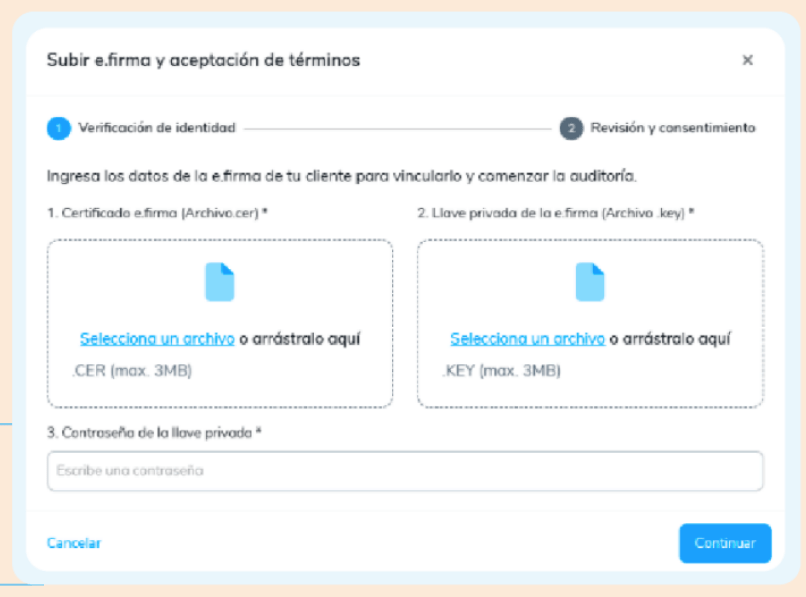 Pantalla para subir e.firma (.cer y .key) y continuar